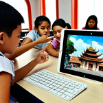 **AR History Lesson:** A group of Malaysian students in a classroom using tablets to view a 3D augmented reality reconstruction of the ancient city of Melaka. The image should highlight the interactive nature of AR, with students pointing and gesturing at the virtual city overlaid on their desks. Focus on vibrant colors and a sense of discovery.
