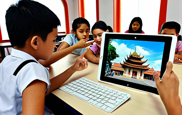 **AR History Lesson:** A group of Malaysian students in a classroom using tablets to view a 3D augmented reality reconstruction of the ancient city of Melaka. The image should highlight the interactive nature of AR, with students pointing and gesturing at the virtual city overlaid on their desks. Focus on vibrant colors and a sense of discovery.